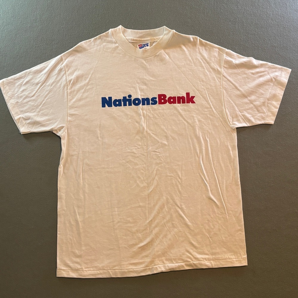 VTG Hanes Beefy-T NationsBank T Shirt Mens L White Single Stitch USA 90s NOS